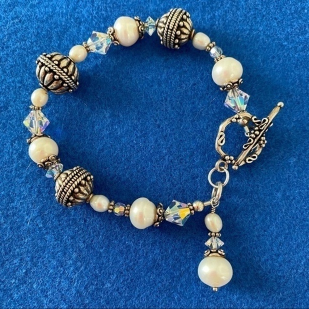 Pearl Beaded 925 Sterling Silver Chunky Charm Bracelet NEW